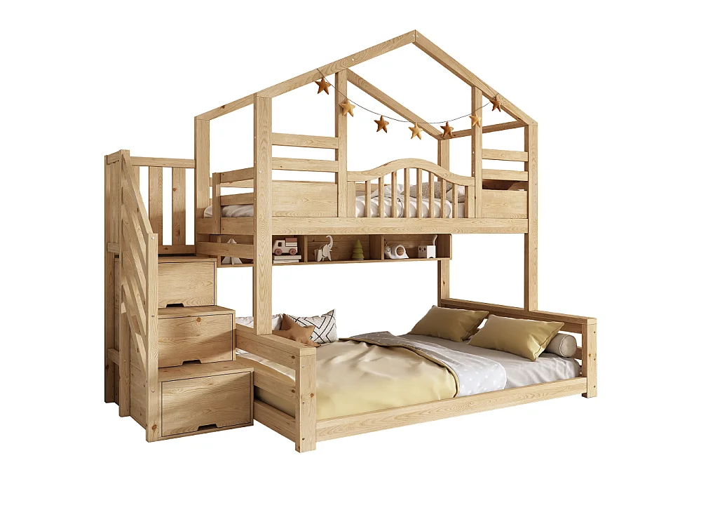 Lit superposé enfant maison bois naturel 90x200 / 140x200 avec escalier rangement certification EN 747