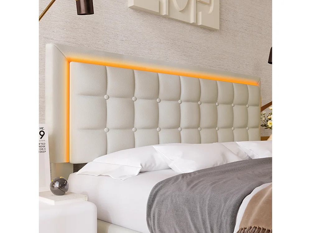 Lit rembourré avec LED et rangement, double lit,blanc,PU, sommier à lattes, lit hydraulique fonctionnel, cadre de lit moderne, rangement confort