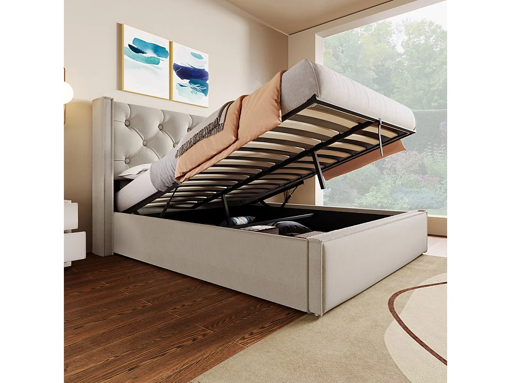 Hydraulisch gestoffeerd tweepersoonsbed 160×200 met opbergruimte, metalen frame, katoen, modern functioneel bed met houten lattenbodem, designcomfort