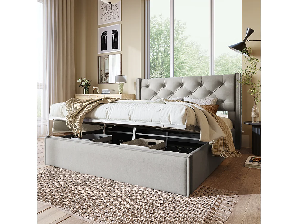 Hydraulisch gestoffeerd tweepersoonsbed 160×200 met opbergruimte, metalen frame, katoen, modern functioneel bed met houten lattenbodem, designcomfort