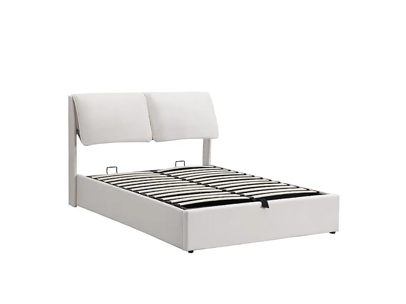 Cama tapizada 140x190 cm terciopelo beige hidráulica 3 cajones canapé somier lamas cabecero regulable diseño moderno sin colchón