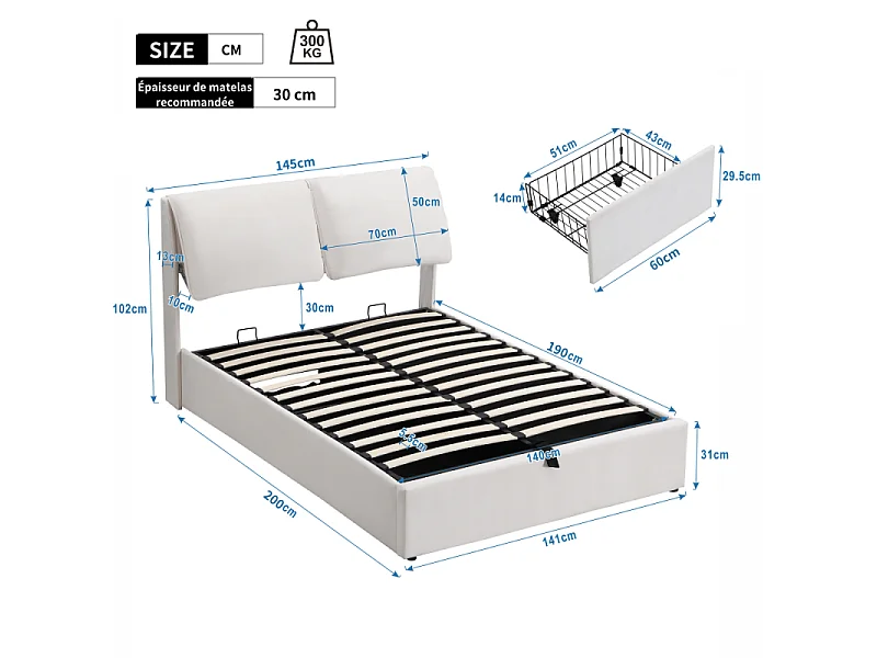 Cama tapizada 140x190 cm terciopelo beige hidráulica 3 cajones canapé somier lamas cabecero regulable diseño moderno sin colchón