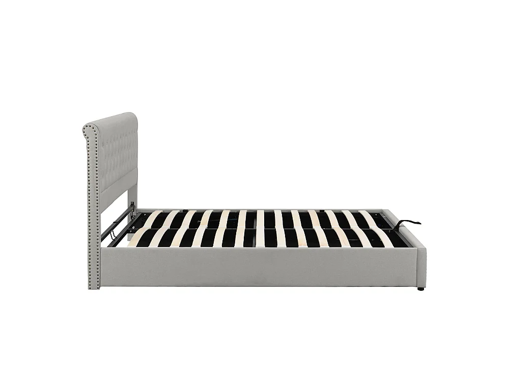 Lit rembourré coton-lin 140×190 hydraulique coffre rangement design clouté sans matelas