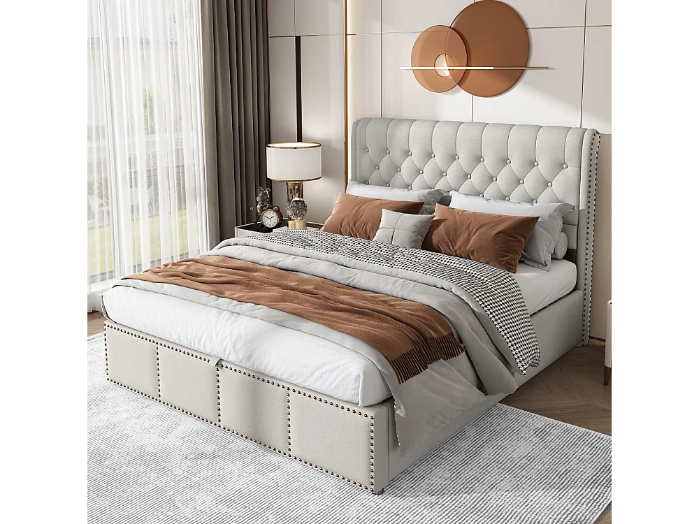 Lit rembourré coton-lin 140×190 hydraulique coffre rangement design clouté sans matelas
