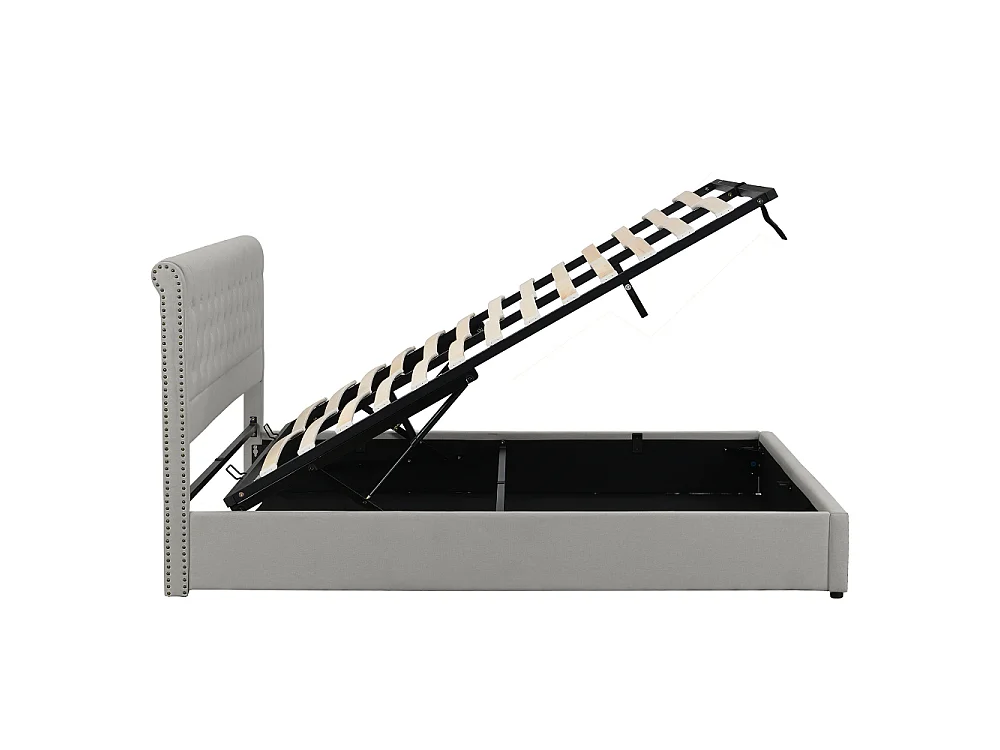 Lit rembourré coton-lin 140×190 hydraulique coffre rangement design clouté sans matelas