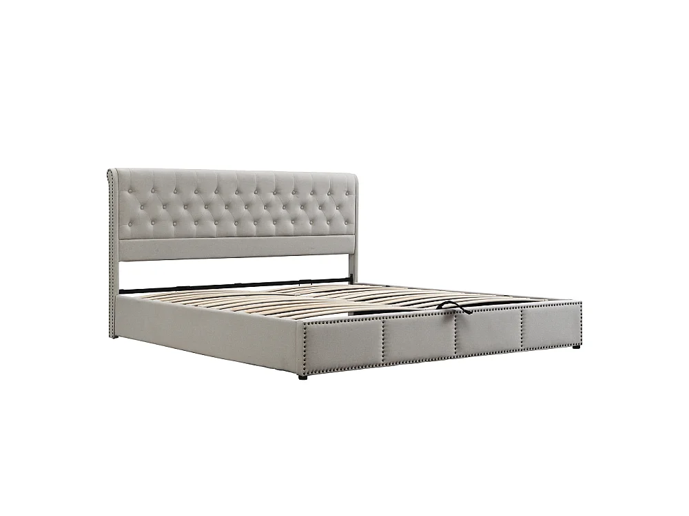 Lit rembourré coton-lin 140×190 hydraulique coffre rangement design clouté sans matelas