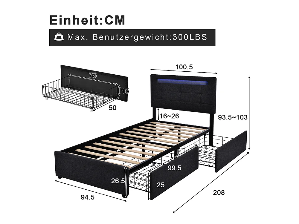 Eenpersoonsbed 90×200 met LED, inclusief matras, 2 opberglades en verstelbaar designhoofdeinde