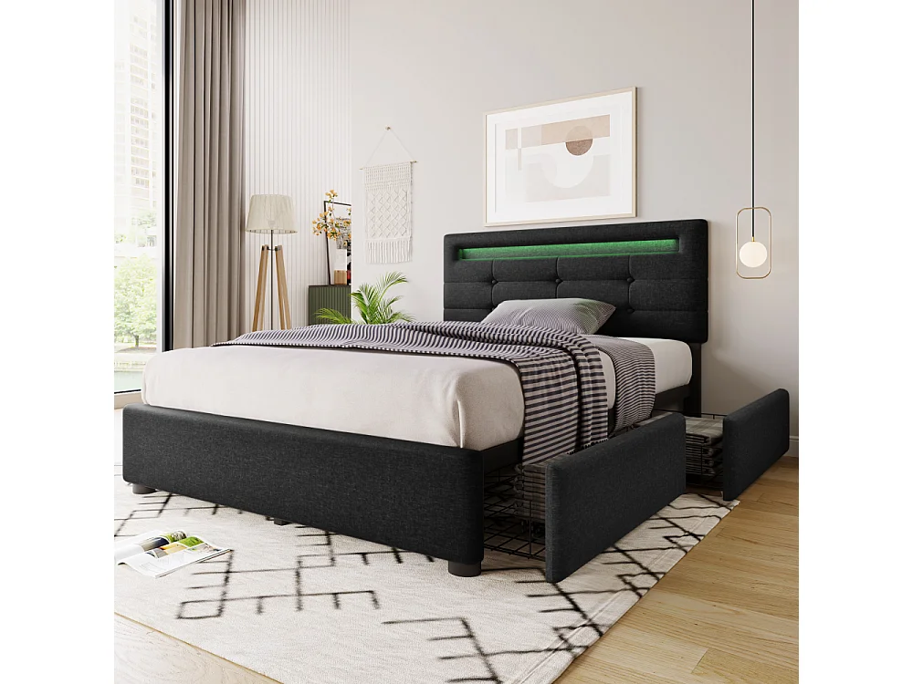 Eenpersoonsbed 90×200 met LED, inclusief matras, 2 opberglades en verstelbaar designhoofdeinde