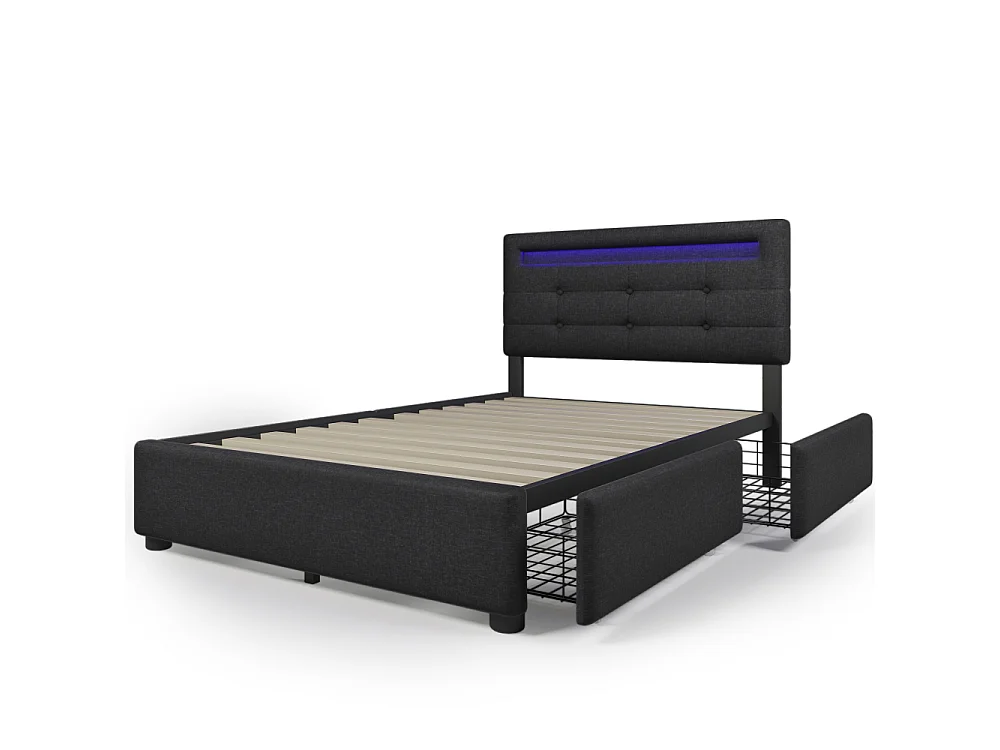 Eenpersoonsbed 90×200 met LED, inclusief matras, 2 opberglades en verstelbaar designhoofdeinde
