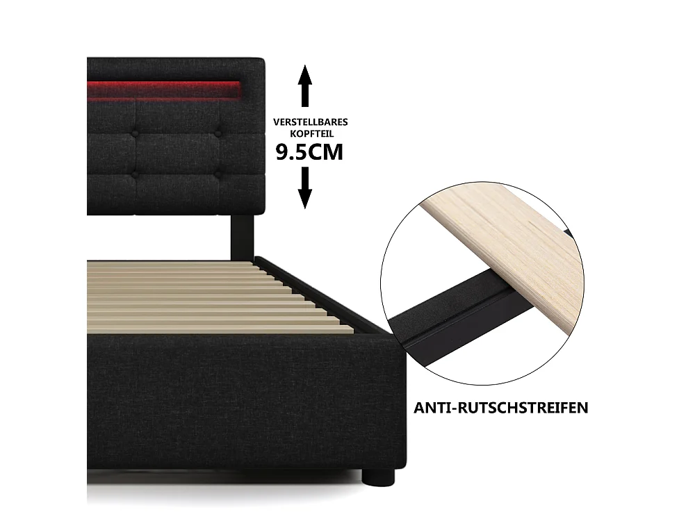 Eenpersoonsbed 90×200 met LED, inclusief matras, 2 opberglades en verstelbaar designhoofdeinde