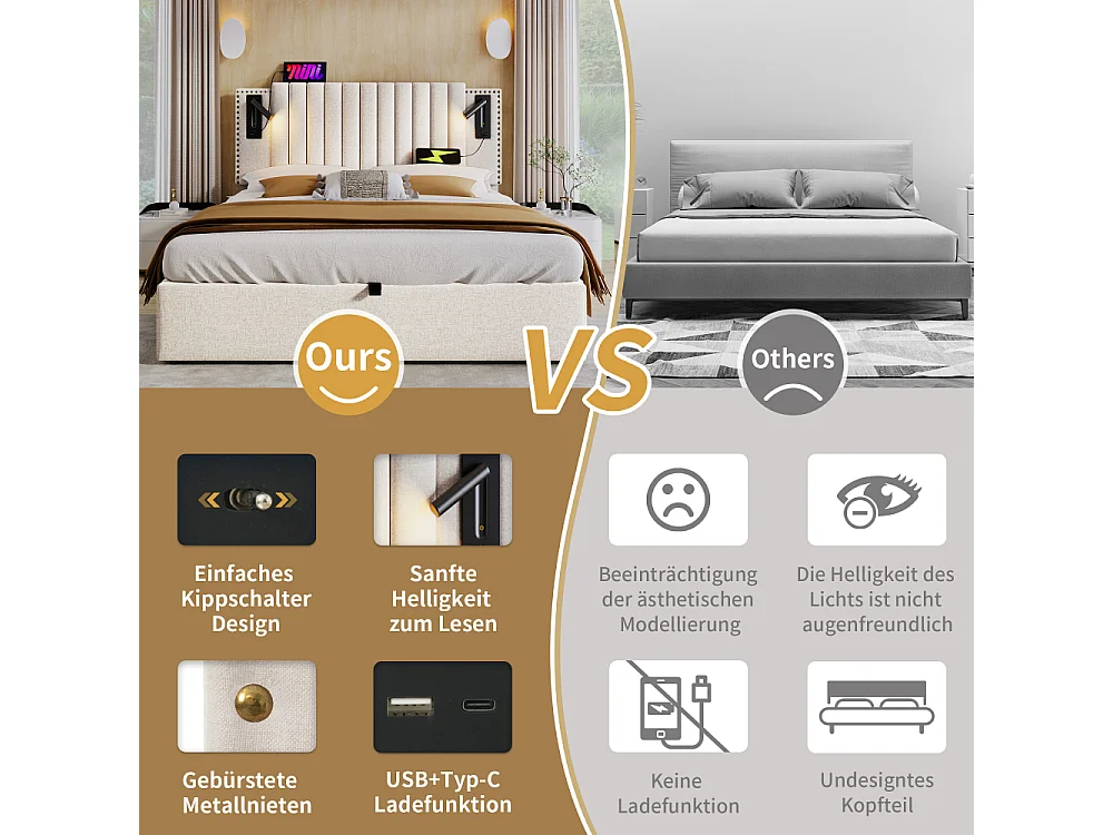 Lit rembourré 160x200 avec rangement, LED, USB-C, tête de lit, 720 ressorts, coton, design à rivets vintage, lit double confort