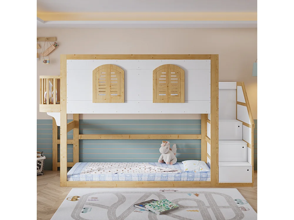 Cama Alta Infantil 90x200 Madera Maciza Pino MDF Escalera Almacenaje Diseño Ventanas Seguridad Blanco Natural