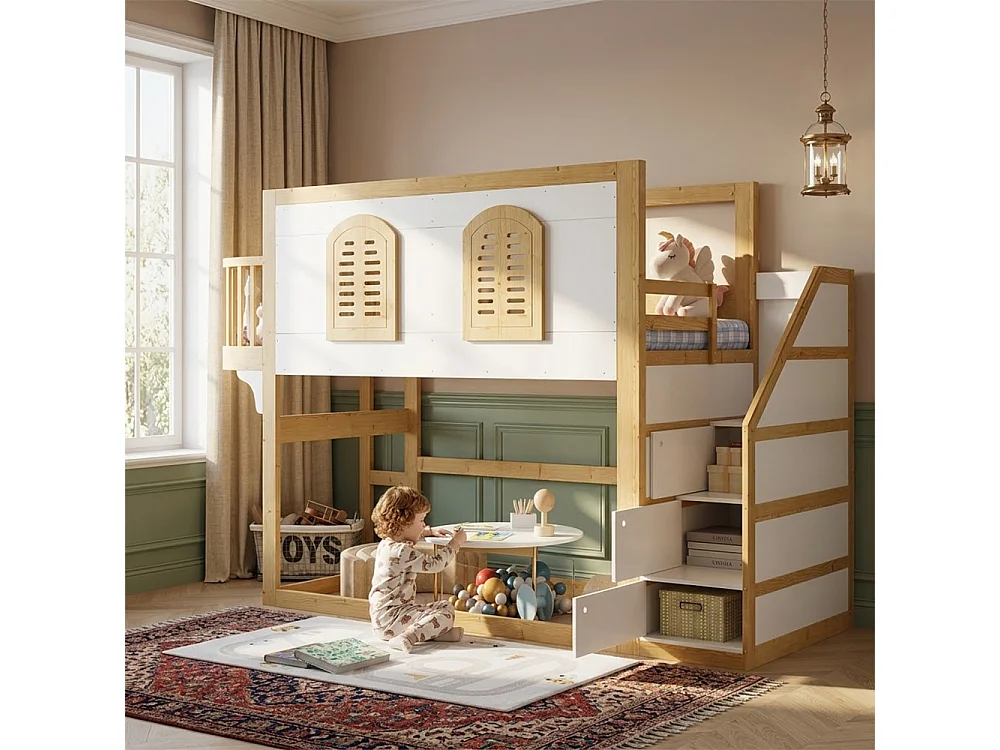 Cama Alta Infantil 90x200 Madera Maciza Pino MDF Escalera Almacenaje Diseño Ventanas Seguridad Blanco Natural