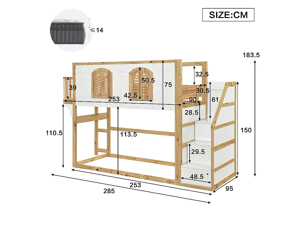 Cama Alta Infantil 90x200 Madera Maciza Pino MDF Escalera Almacenaje Diseño Ventanas Seguridad Blanco Natural