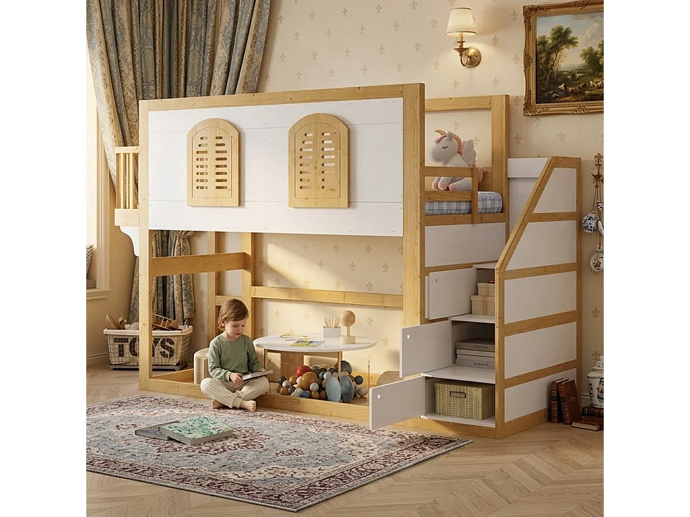 Cama Alta Infantil 90x200 Madera Maciza Pino MDF Escalera Almacenaje Diseño Ventanas Seguridad Blanco Natural