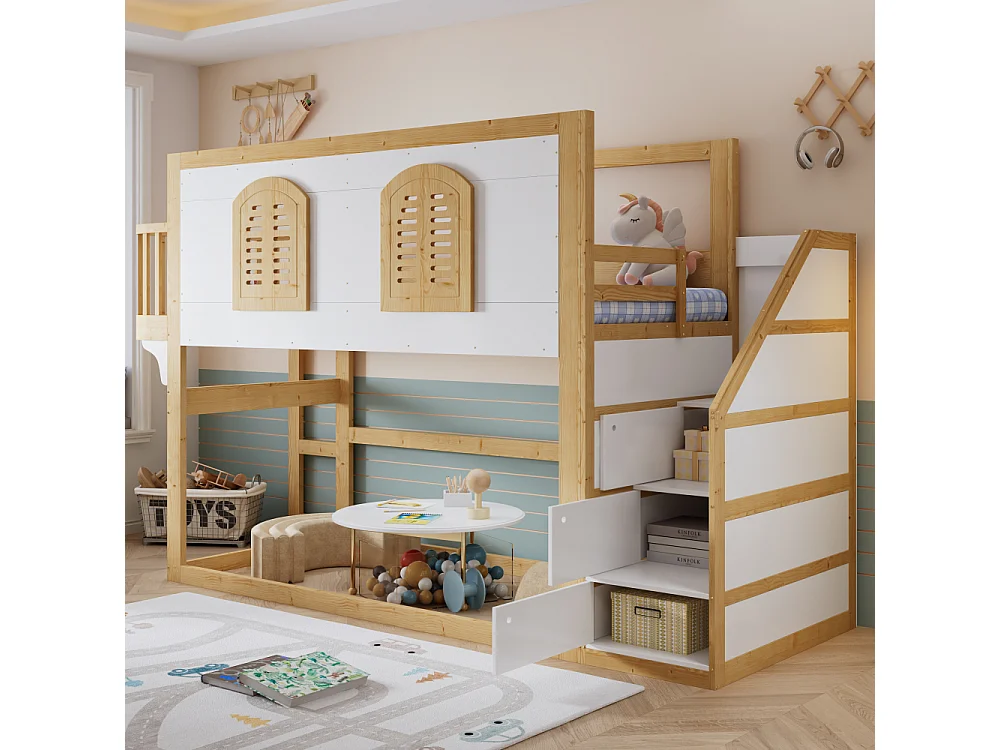 Cama Alta Infantil 90x200 Madera Maciza Pino MDF Escalera Almacenaje Diseño Ventanas Seguridad Blanco Natural