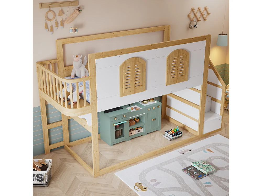 Cama Alta Infantil 90x200 Madera Maciza Pino MDF Escalera Almacenaje Diseño Ventanas Seguridad Blanco Natural