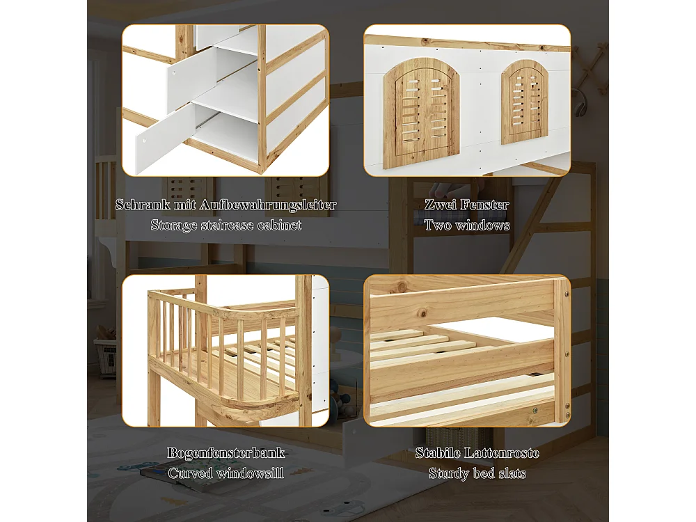 Cama Alta Infantil 90x200 Madera Maciza Pino MDF Escalera Almacenaje Diseño Ventanas Seguridad Blanco Natural