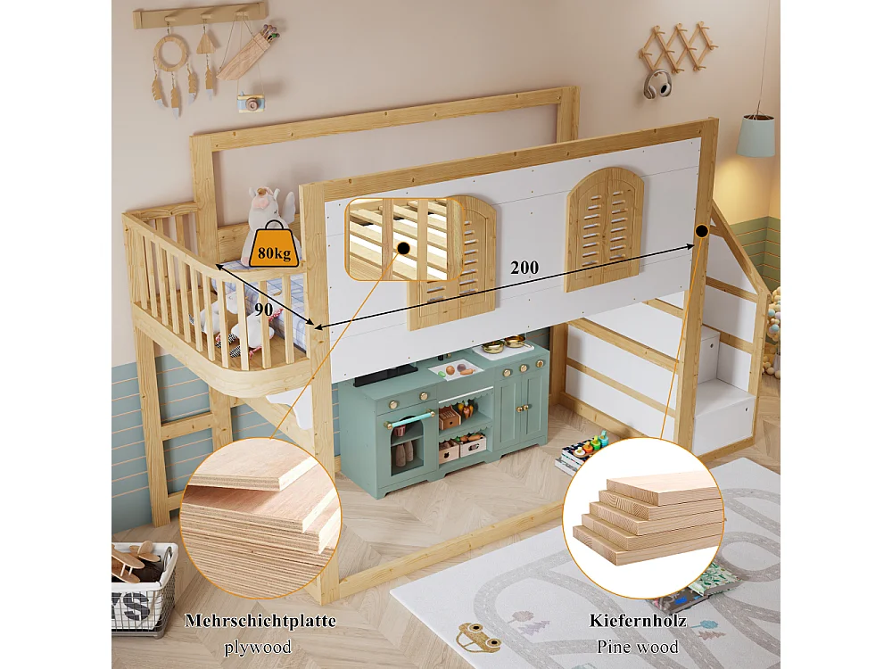 Cama Alta Infantil 90x200 Madera Maciza Pino MDF Escalera Almacenaje Diseño Ventanas Seguridad Blanco Natural