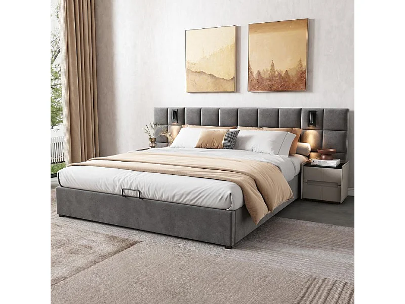 Letto imbottito 160×200 velluto grigio contenitore idraulico struttura acciaio USB LED testiera scacchiera
