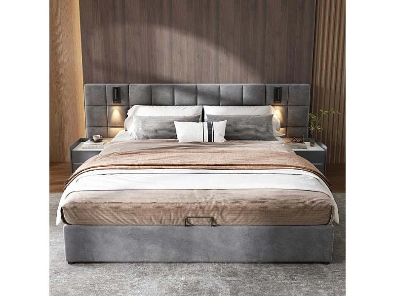 Letto imbottito 160×200 velluto grigio contenitore idraulico struttura acciaio USB LED testiera scacchiera