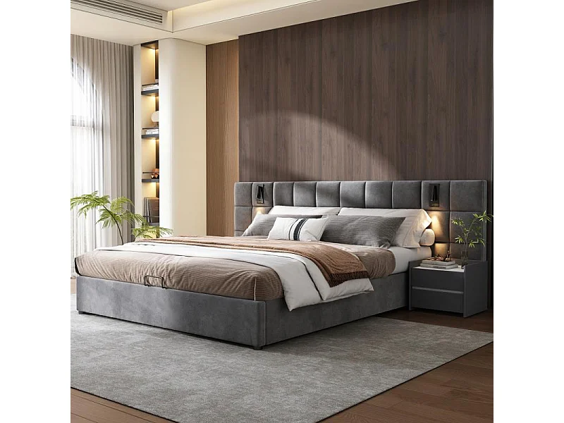 Letto imbottito 160×200 velluto grigio contenitore idraulico struttura acciaio USB LED testiera scacchiera