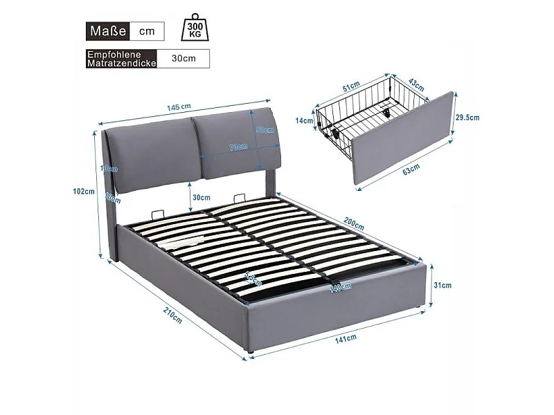 Cama tapizada en terciopelo gris 140x200 con elevación hidráulica, 3 cajones, somier de lamas, cabecero regulable, almacenamiento integrado