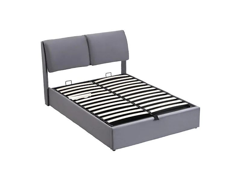 Cama tapizada en terciopelo gris 140x200 con elevación hidráulica, 3 cajones, somier de lamas, cabecero regulable, almacenamiento integrado