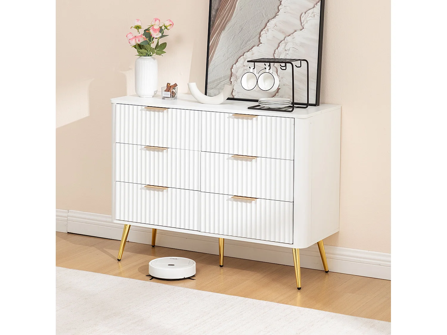 Commode 6 tiroirs blanche, MDF robuste, poignées et pieds dorés, fermeture en douceur, anti-basculement – commode moderne