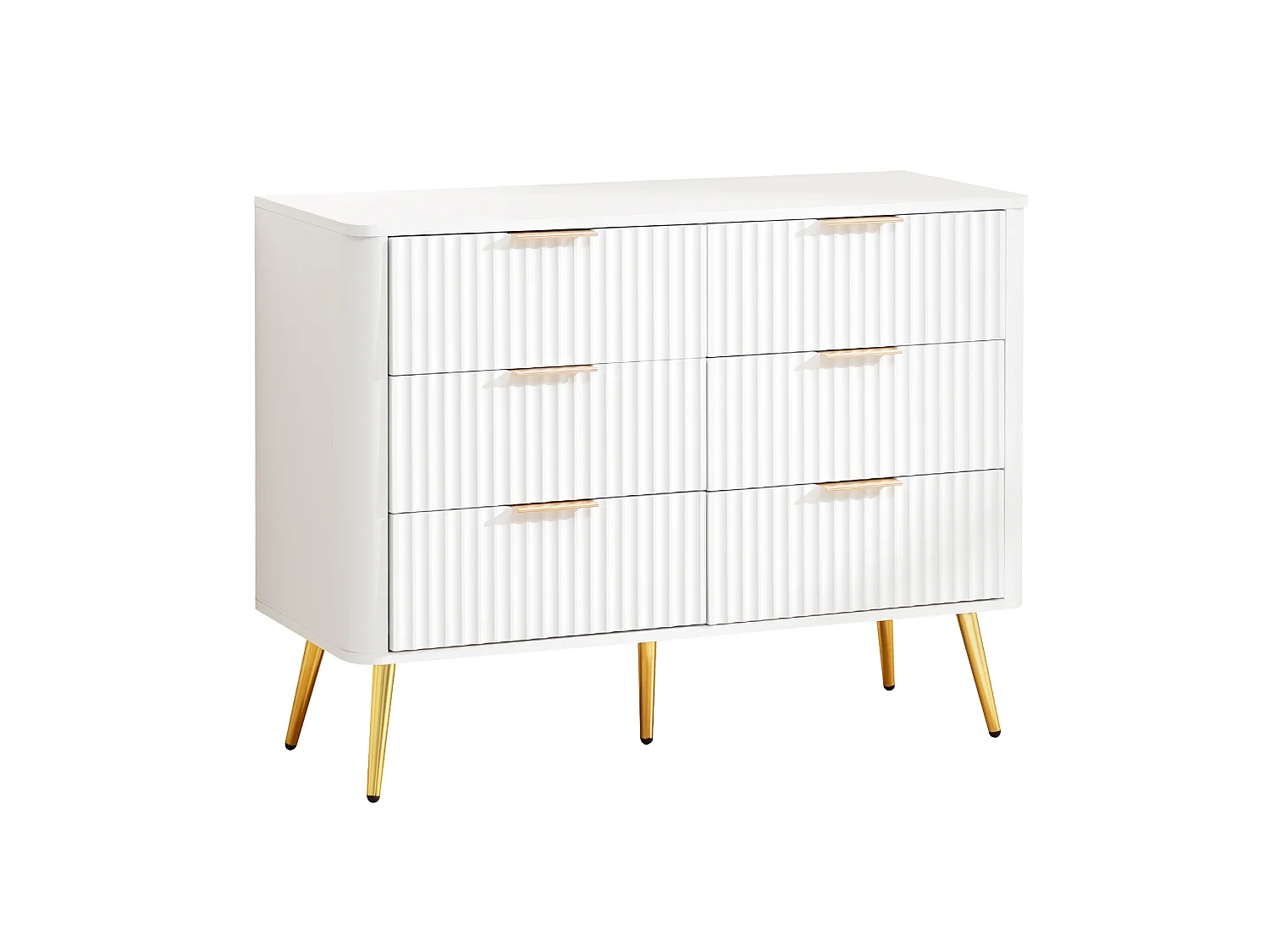 Commode 6 tiroirs blanche, MDF robuste, poignées et pieds dorés, fermeture en douceur, anti-basculement – commode moderne