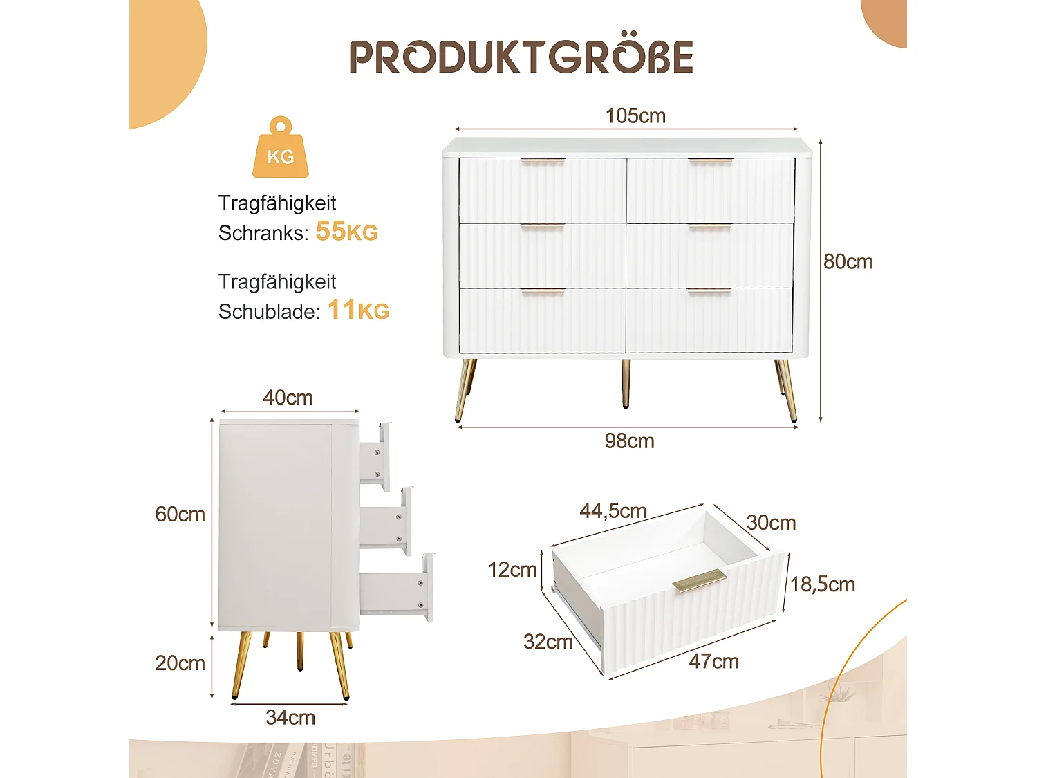 Commode 6 tiroirs blanche, MDF robuste, poignées et pieds dorés, fermeture en douceur, anti-basculement – commode moderne