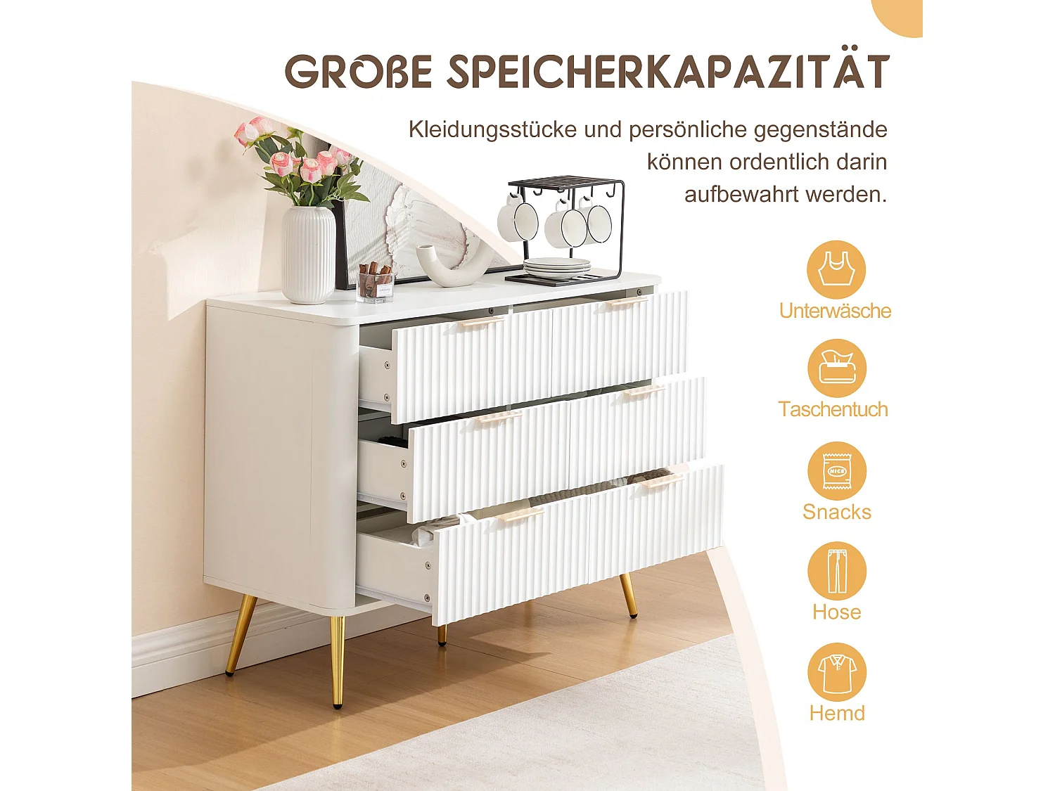 Commode 6 tiroirs blanche, MDF robuste, poignées et pieds dorés, fermeture en douceur, anti-basculement – commode moderne