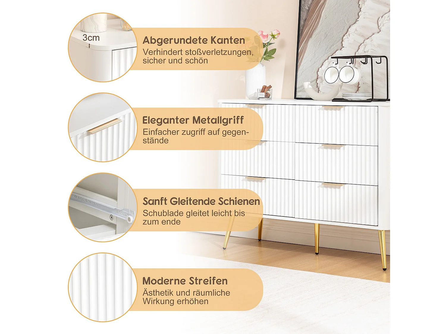 Commode 6 tiroirs blanche, MDF robuste, poignées et pieds dorés, fermeture en douceur, anti-basculement – commode moderne