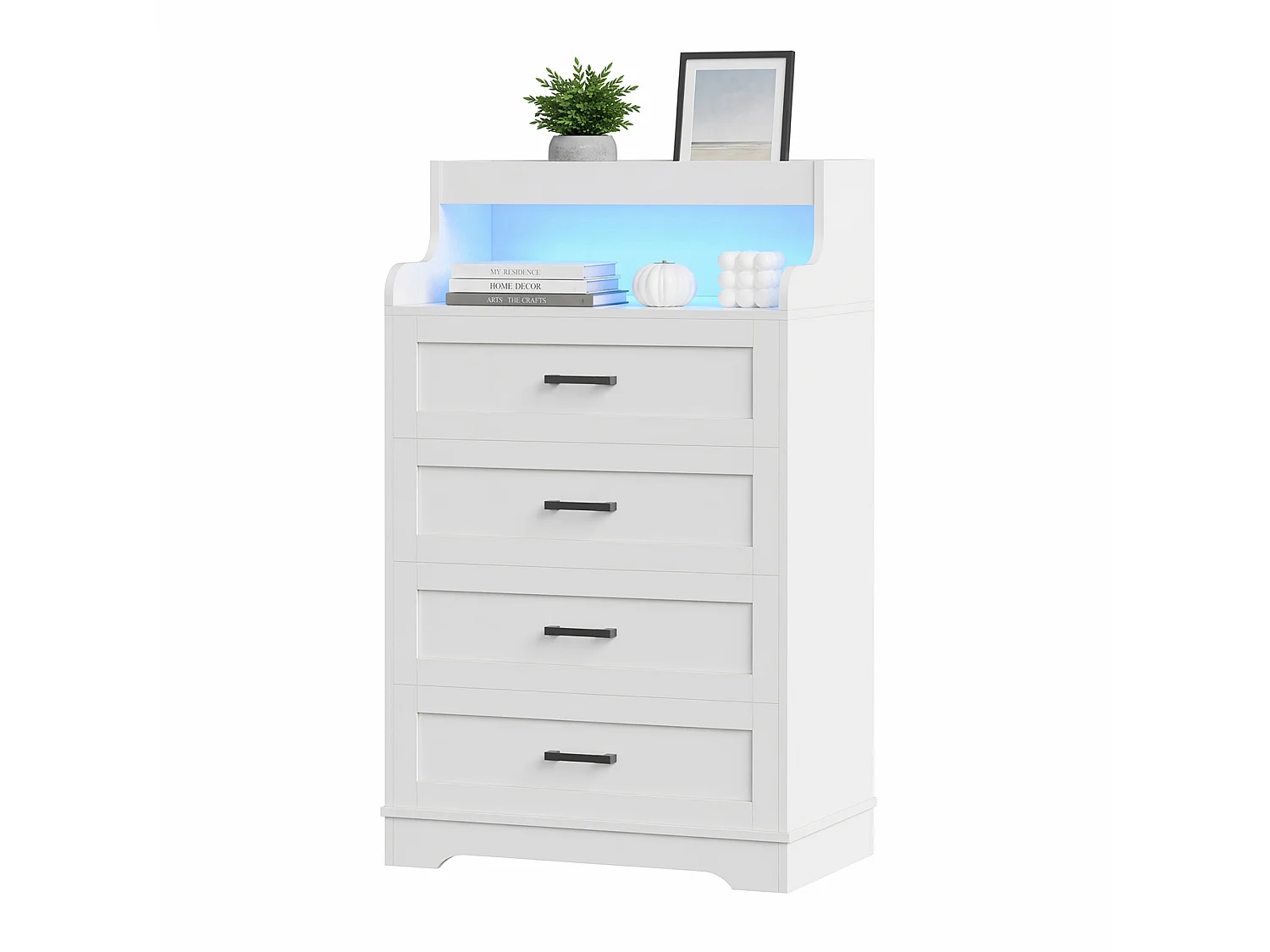 Commode 4 tiroirs 73x39.5x114 cm avec LED RGB et niche ouverte, meuble de rangement chambre style scandinave, blanc