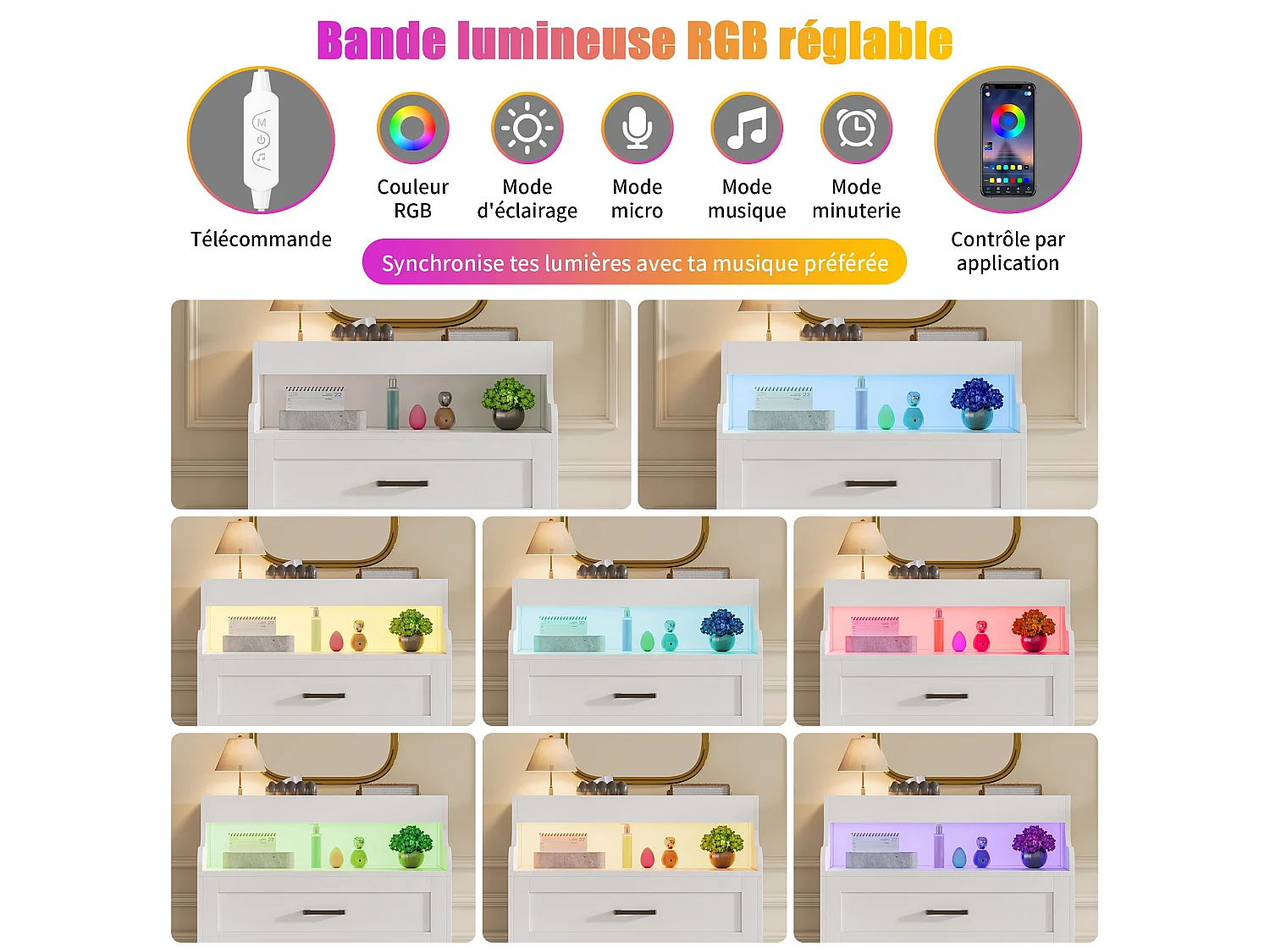 Commode 4 tiroirs 73x39.5x114 cm avec LED RGB et niche ouverte, meuble de rangement chambre style scandinave, blanc