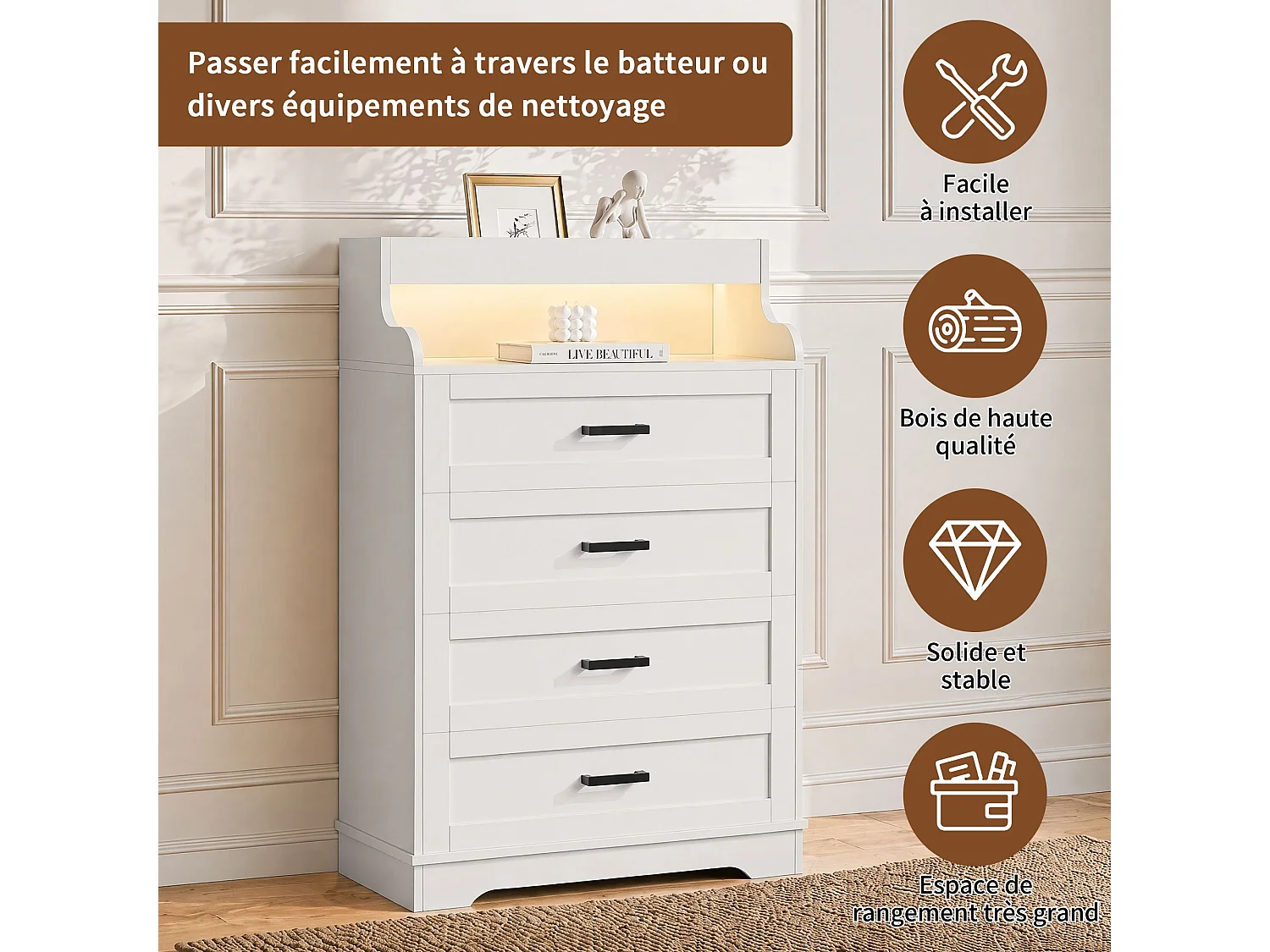 Commode 4 tiroirs 73x39.5x114 cm avec LED RGB et niche ouverte, meuble de rangement chambre style scandinave, blanc