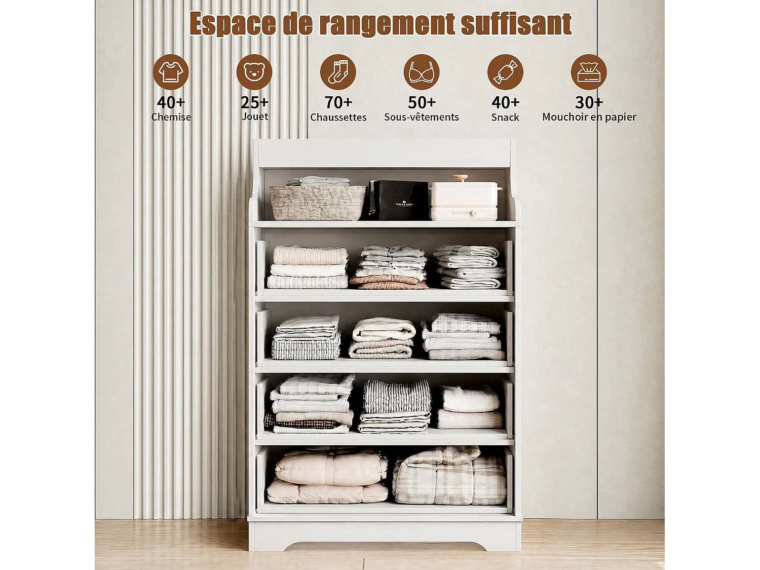 Commode 4 tiroirs 73x39.5x114 cm avec LED RGB et niche ouverte, meuble de rangement chambre style scandinave, blanc