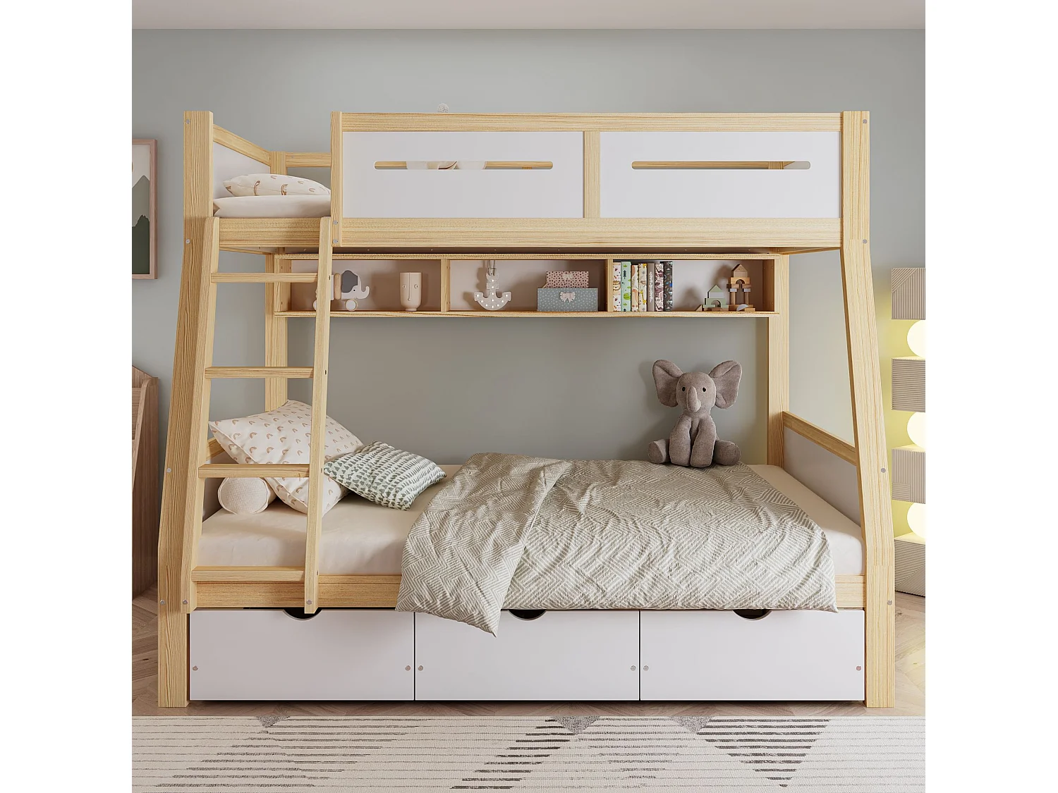 Lit superposé enfant 90x200 x 120x200 cm avec rangements, tiroirs sur roulettes et étagère à livres, blanc et naturel, pin et MDF