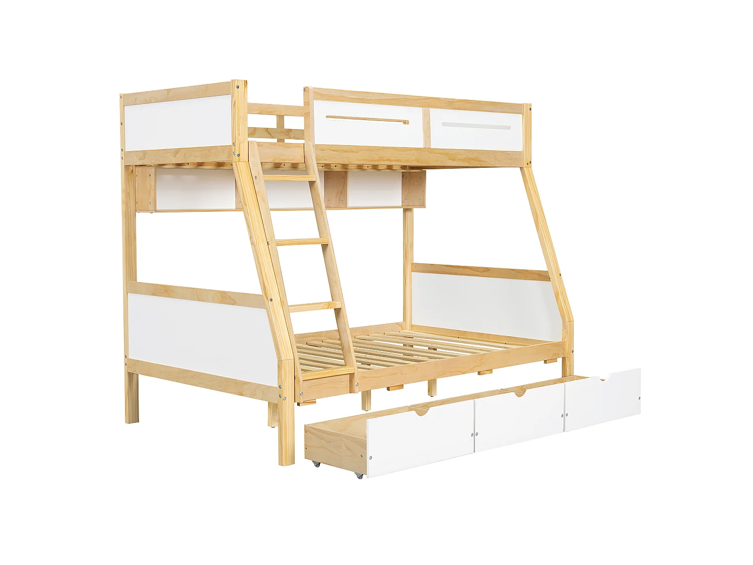 Lit superposé enfant 90x200 x 120x200 cm avec rangements, tiroirs sur roulettes et étagère à livres, blanc et naturel, pin et MDF