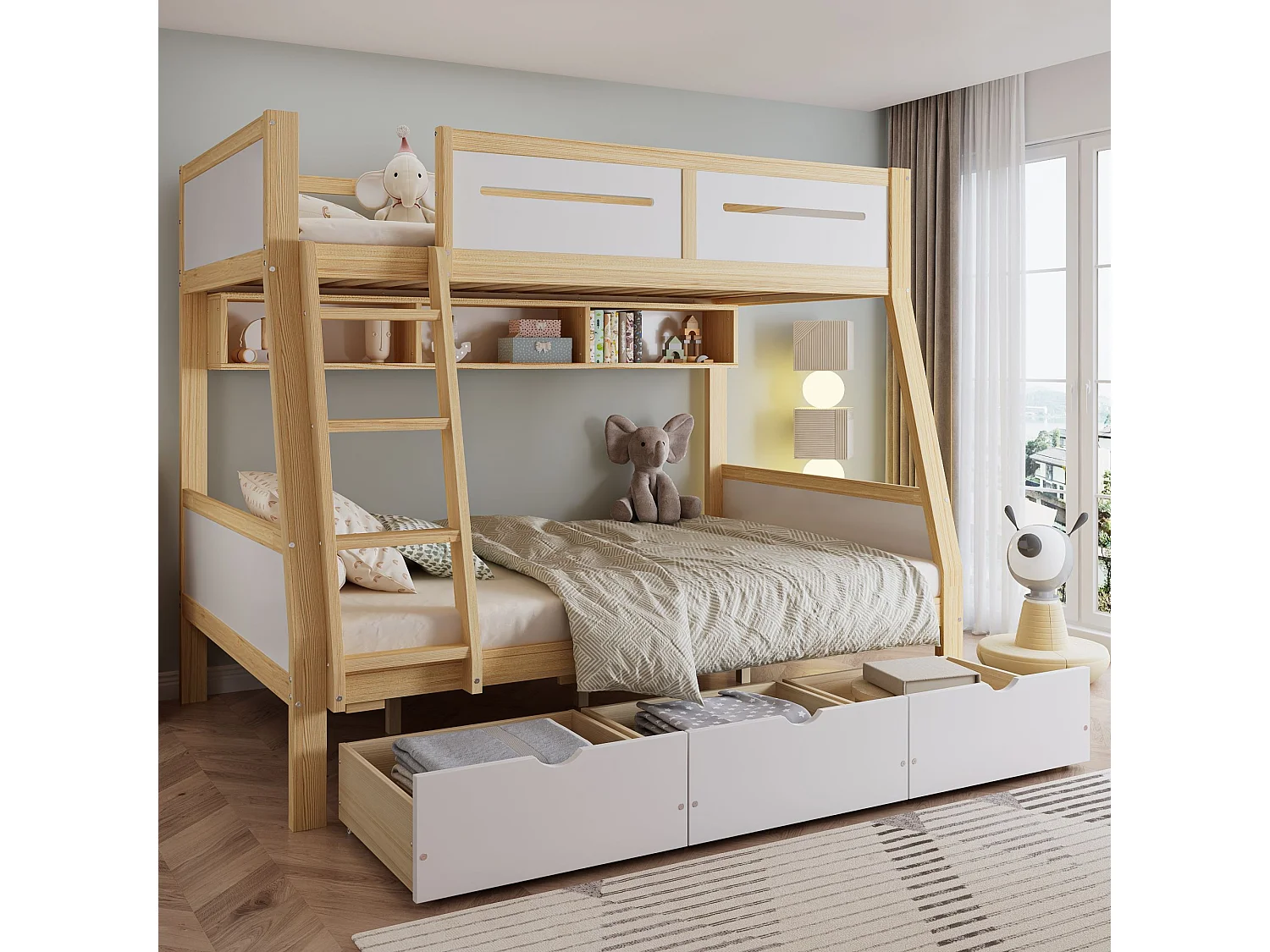 Lit superposé enfant 90x200 x 120x200 cm avec rangements, tiroirs sur roulettes et étagère à livres, blanc et naturel, pin et MDF