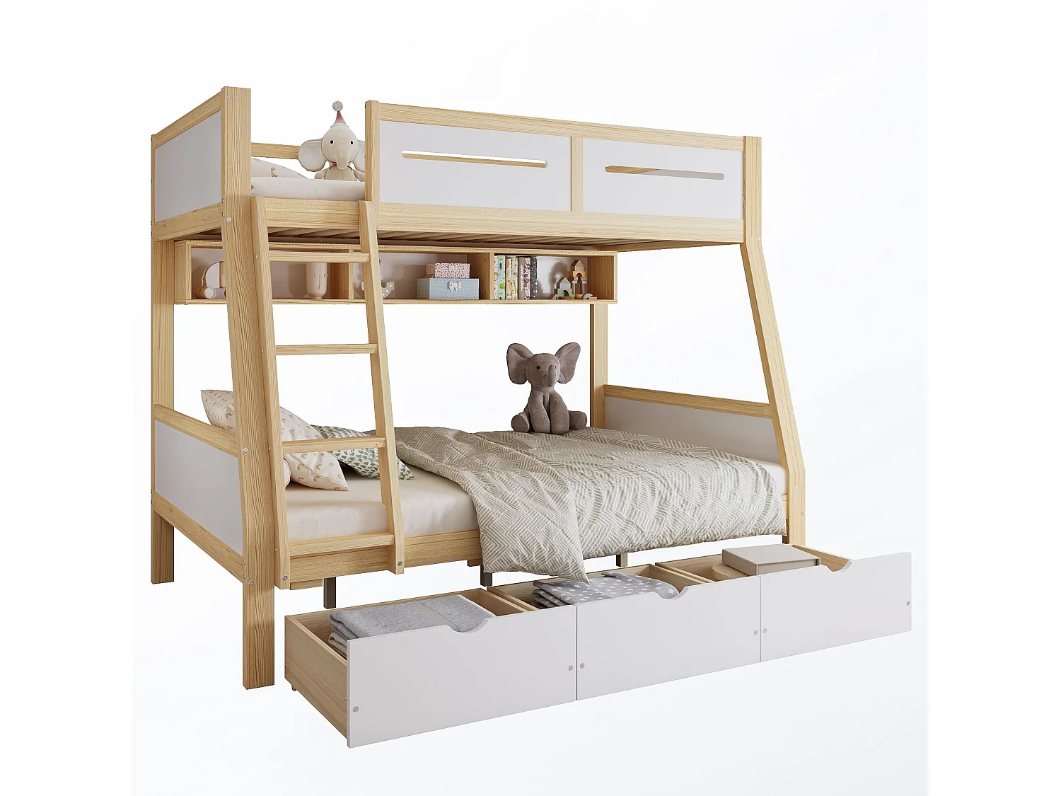 Lit superposé enfant 90x200 x 120x200 cm avec rangements, tiroirs sur roulettes et étagère à livres, blanc et naturel, pin et MDF