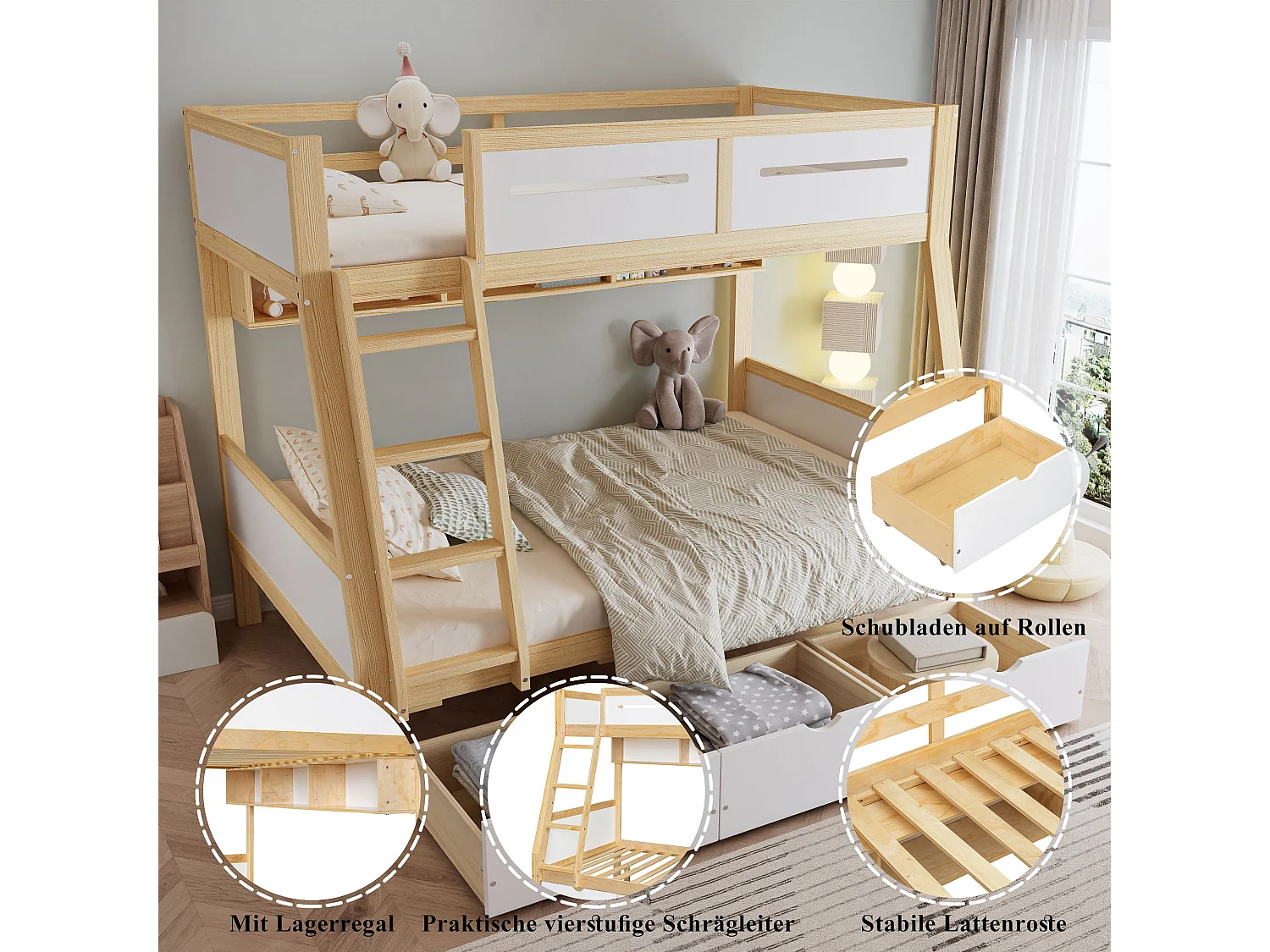 Lit superposé enfant 90x200 x 120x200 cm avec rangements, tiroirs sur roulettes et étagère à livres, blanc et naturel, pin et MDF