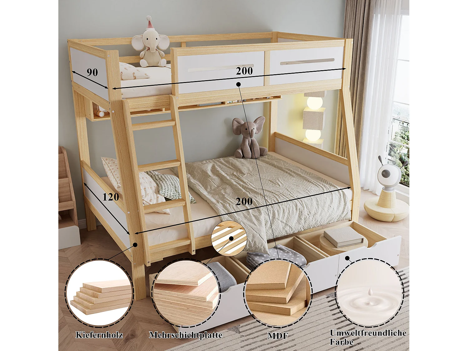 Lit superposé enfant 90x200 x 120x200 cm avec rangements, tiroirs sur roulettes et étagère à livres, blanc et naturel, pin et MDF