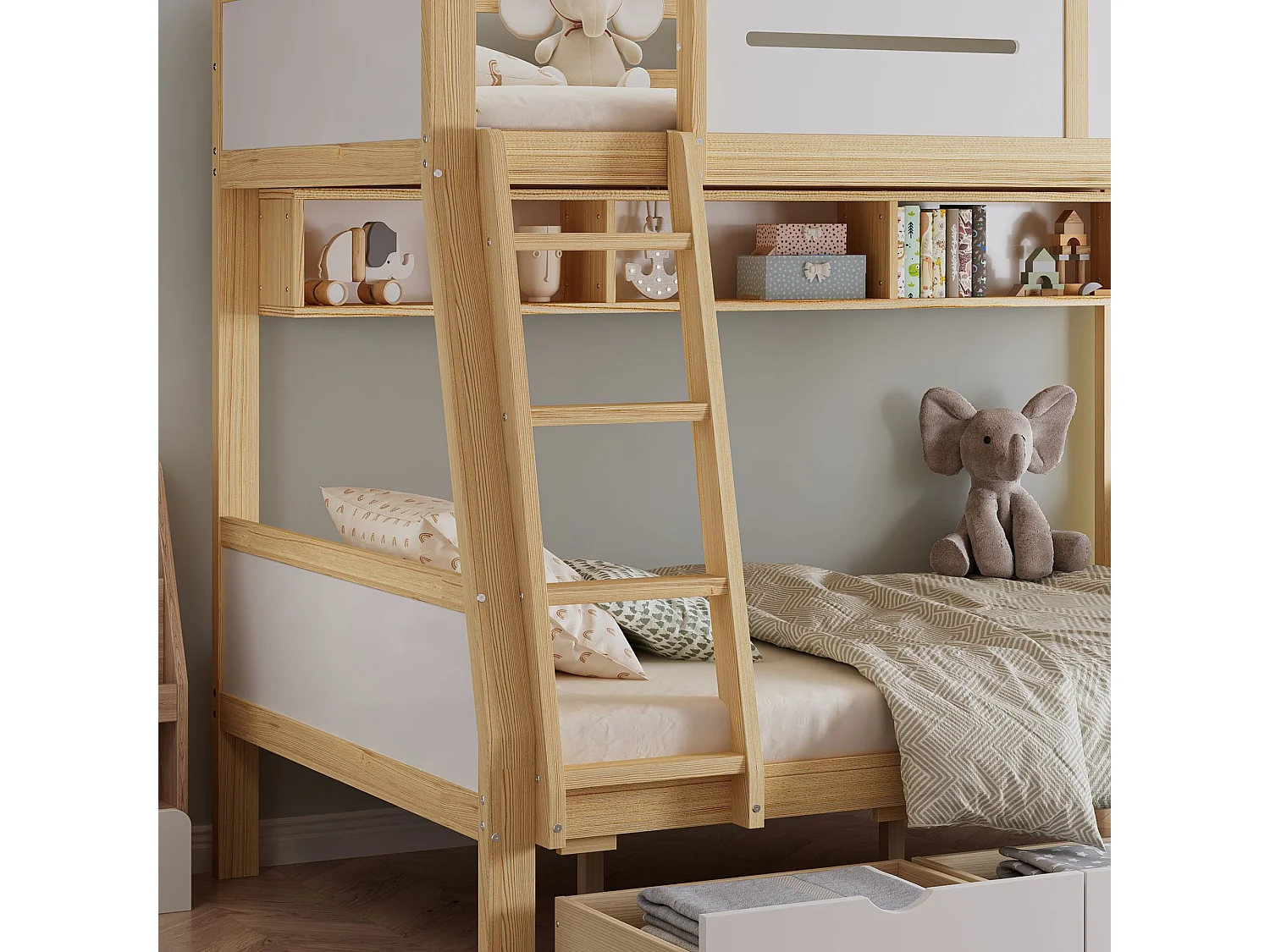 Lit superposé enfant 90x200 x 120x200 cm avec rangements, tiroirs sur roulettes et étagère à livres, blanc et naturel, pin et MDF
