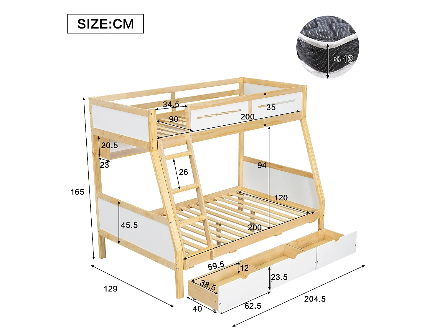 Lit superposé enfant 90x200 x 120x200 cm avec rangements, tiroirs sur roulettes et étagère à livres, blanc et naturel, pin et MDF