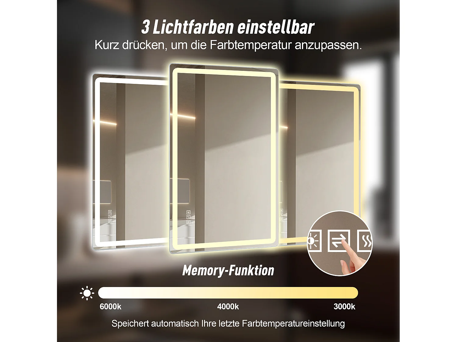 Miroir LED salle de bain 60x120 cm sans cadre, bord givré lumineux, anti-buée, 3 couleurs, variateur 10-100%