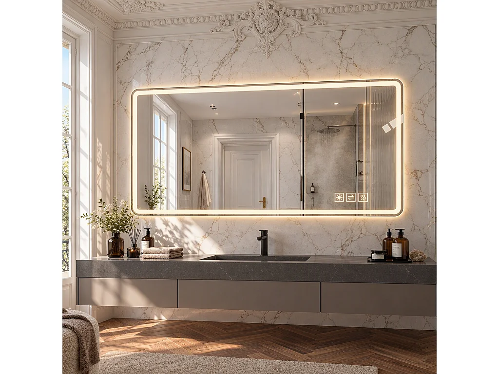Miroir LED salle de bain 60x120 cm sans cadre, bord givré lumineux, anti-buée, 3 couleurs, variateur 10-100%