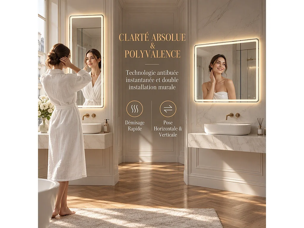 Miroir LED salle de bain 60x120 cm sans cadre, bord givré lumineux, anti-buée, 3 couleurs, variateur 10-100%