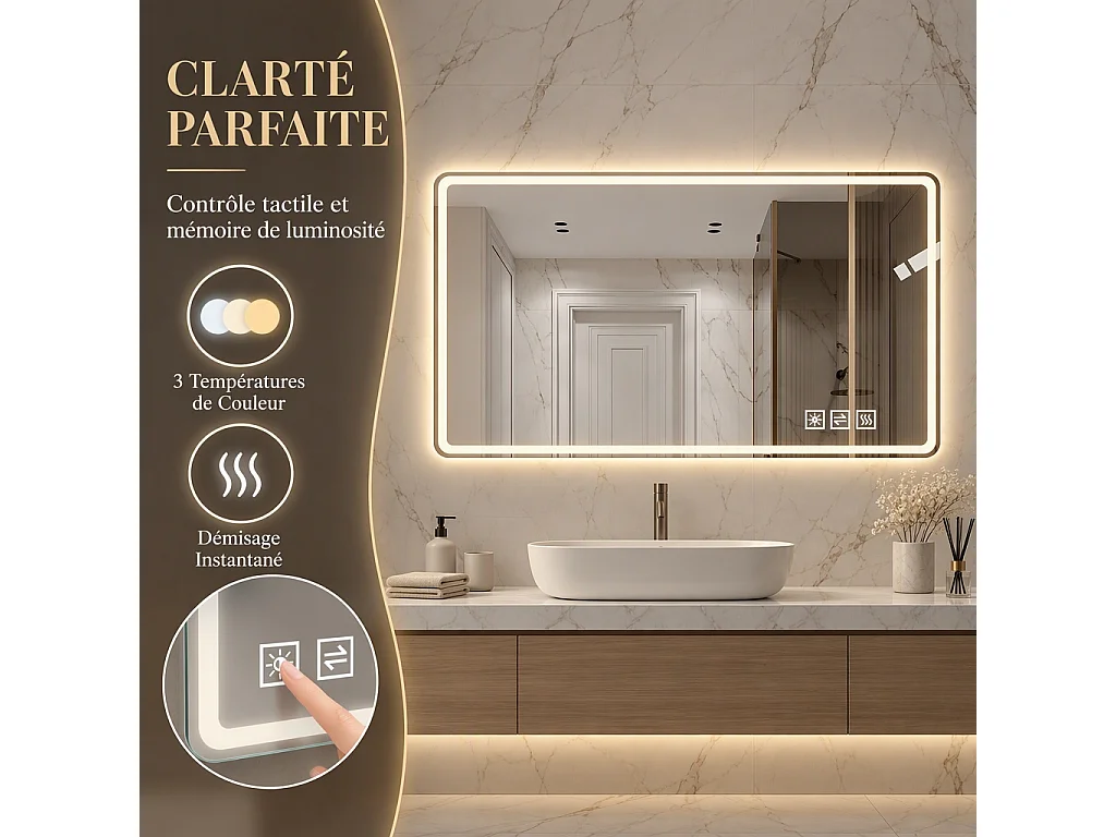 Miroir LED salle de bain 60x120 cm sans cadre, bord givré lumineux, anti-buée, 3 couleurs, variateur 10-100%