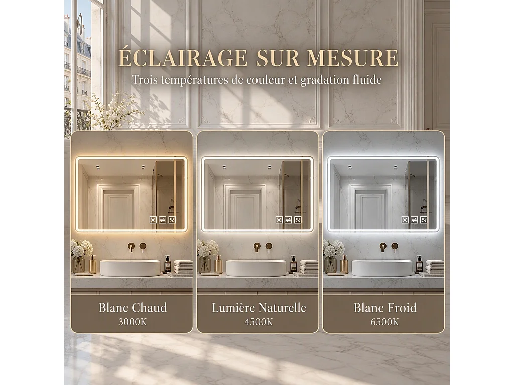 Miroir LED salle de bain 60x120 cm sans cadre, bord givré lumineux, anti-buée, 3 couleurs, variateur 10-100%